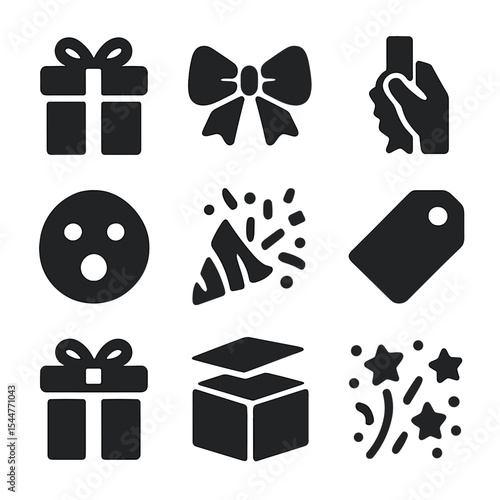 Gift Icon Set. Solid, filled icons set of gift and present unwrapping: gift wrap, bow icon, ribbon pull,