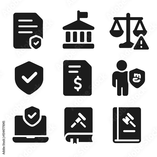Gig Economy Icons. Solid, filled icons set of gig economy policy and regulation: legal document, government