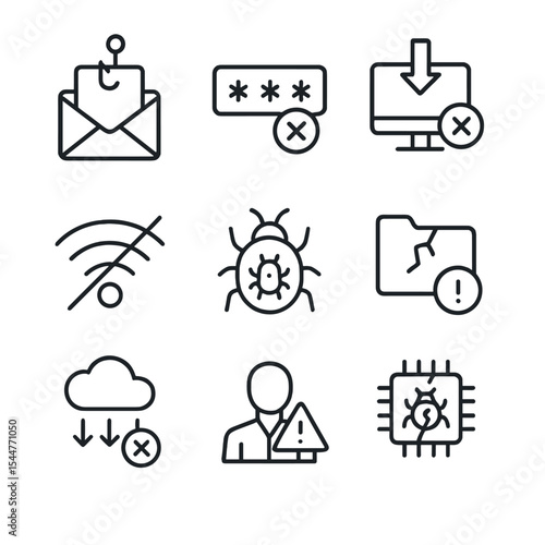 Cybersecurity Vulnerabilities Icons. Outline icon set of cybersecurity failure points: phishing email, weak password, outdated