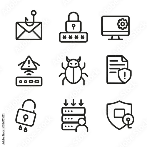 Cybersecurity Vulnerabilities Icons. Outline icon set of cybersecurity failure points: phishing email, weak password, outdated