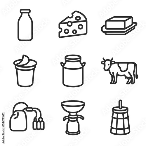 Dairy Icons Grid. Outline icon set of dairy farming: milk bottle, cheese wedge, butter stick, yogurt cup, milk pail, dairy cow,