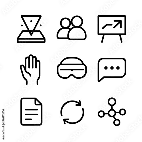 Mixed Reality Icon Set. Outline icon set of mixed reality collaboration: hologram display, user avatars, shared whiteboard,