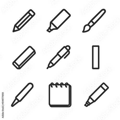 Mixed Media Tools Icons. Outline icon set of mixed media drawing supplies: graphite pencil, marker, watercolor brush, pastel stick