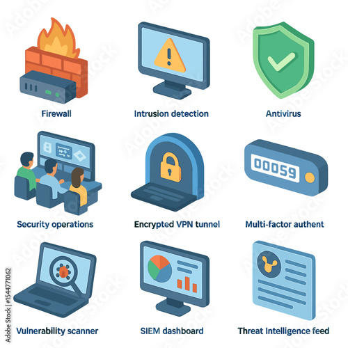 Cyber Defense Icon Set. Isometric Flat icon set of cyber defense measures: firewall appliance, intrusion detection system,