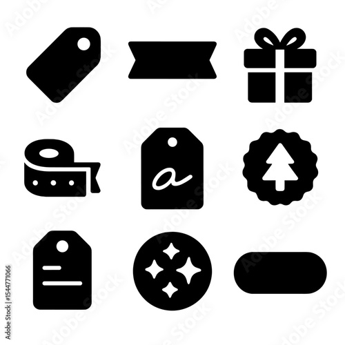 Gift Label Icons. Solid, filled icons set of gift labeling: name tag, ribbon label, gift box, decorative tape,