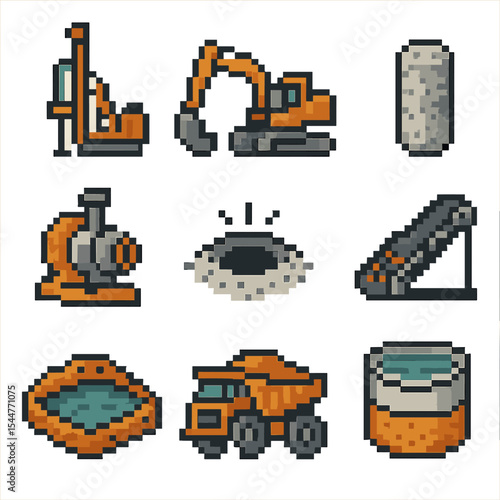 Mining Equipment Icons. Pixel art icon set of extraction equipment: drill rig, excavator, core sample, slurry pump, blast hole,