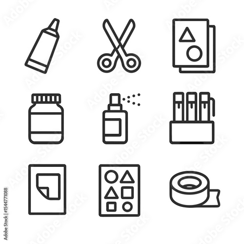 Mixed Media Icons. Outline icon set of mixed media and collage supplies: glue tube, scissors, collage paper, acrylic paint jar,