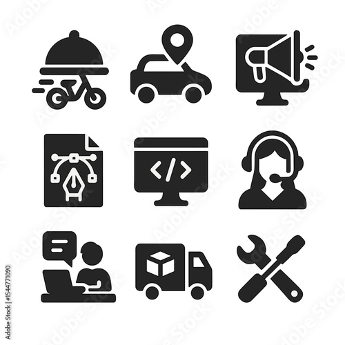 Gig Economy Icons. Solid, filled icons set of sectors driving gig growth: food delivery, ride-share, digital
