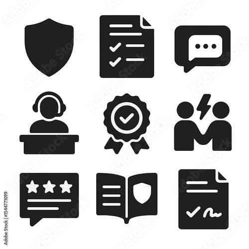 Gig Worker Icons. Solid, filled icons set of gig worker protections: shield icon, policy document, support