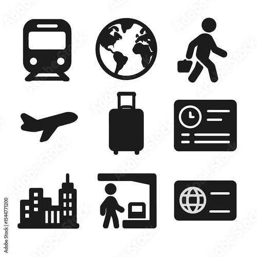 Global Commuting Icons. Solid, filled icons set of global commuting life: train icon, world map, commuter icon, travel icon, luggage, timetable, cityscape, platform icon, travel pass.