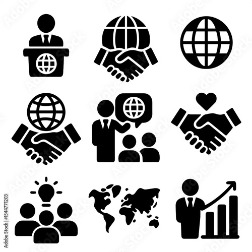 Global Leadership Icons. Solid, filled icons set of global leadership: world leader, international handshake,