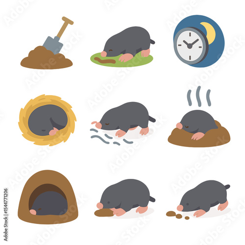 Mole Behavior Icons. Isometric Flat icon set of mole behaviors: digging spade, foraging worm, nocturnal clock, scent trail,