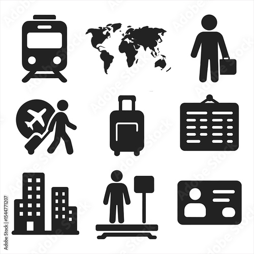 Global Commuting Icons. Solid, filled icons set of global commuting life: train icon, world map, commuter icon, travel icon, luggage, timetable, cityscape, platform icon, travel pass.
