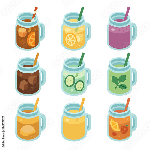 Refreshing Beverages Icons. Isometric Flat icon set of refreshing beverages in jars: iced tea, lemonade, berry smoothie, cold brew