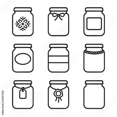 Decorative Jar Icon Set. Outline icon set of jar decorative accents: embossed design, ribbon tie, label sticker, chalkboard label,
