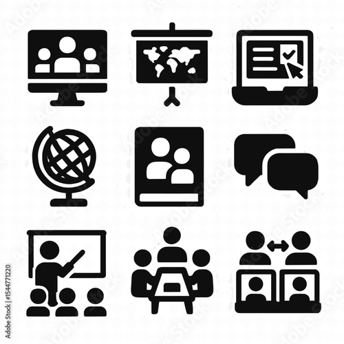 Global Classroom Icons. Solid, filled icons set of global classroom initiatives: video conference screen,