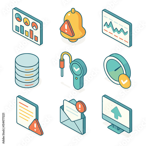 Monitoring Tools Icons. Isometric Flat icon set of monitoring and alerting tools: metrics dashboard, alert bell, time series graph