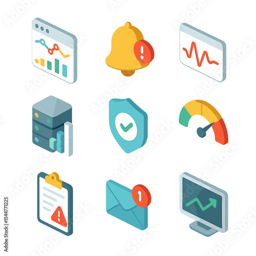 Monitoring Tools Icons. Isometric Flat icon set of monitoring and alerting tools: metrics dashboard, alert bell, time series graph