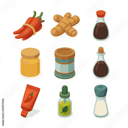 Regional Spices Icons. Isometric Flat icon set of regional spices and condiments: chili pepper bundle, turmeric root, soy sauce