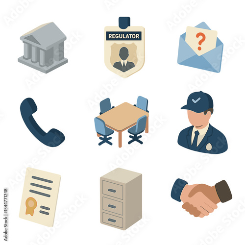 Regulatory Agency Icon Set. Isometric Flat icon set of regulatory agency interactions: government building, regulator badge,