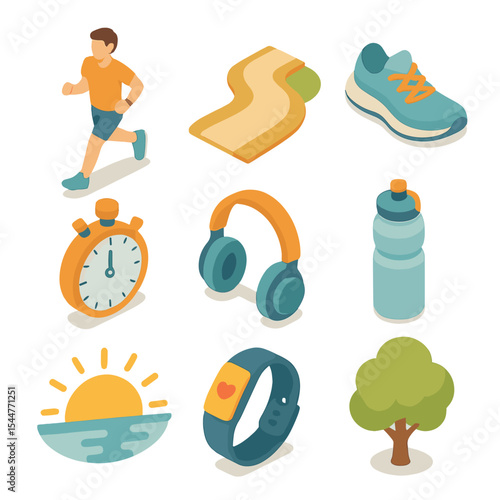 Morning Jogging Icons. Isometric Flat icon set of morning jogging club at sunrise: jogging person, track path, sneaker, stopwatch,