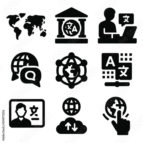 Global Translation Icons. Solid, filled icons set of global translation services: world map icon, translation agency, freelance translator, global chat, 