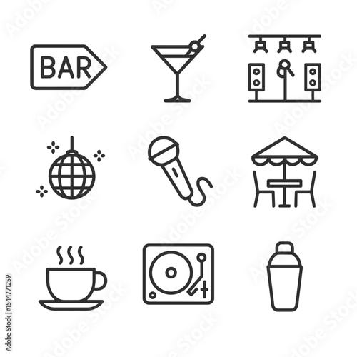 Moscow Nightlife Icons. Outline icon set of Moscow nightlife spots: neon bar sign, cocktail glass, live music stage, nightclub