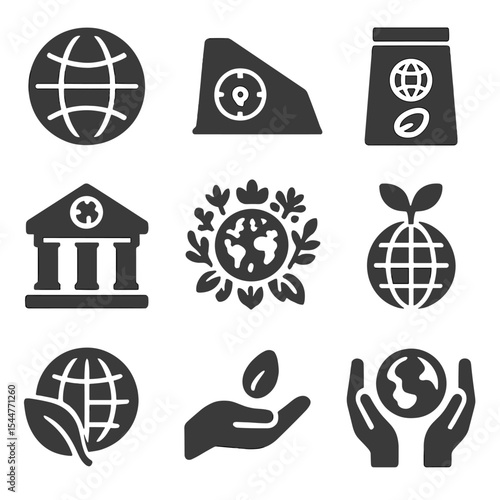 Global Seed Conservation Icons. Solid, filled icons set of global seed conservation efforts: world icon,