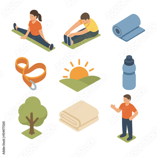 Morning Fitness Icons. Isometric Flat icon set of group flexibility training in park at sunrise: person doing split, person