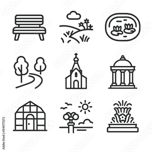 Moscow Park Icons. Outline icon set of Moscow parks and gardens: Gorky Park bench, Zaryadye meadow, Alexander Garden pond,