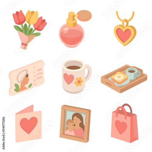 Mother's Day Icon Set. Isometric Flat icon set of Mother’s Day treats: flower bouquet, perfume bottle, jewelry pendant, spa
