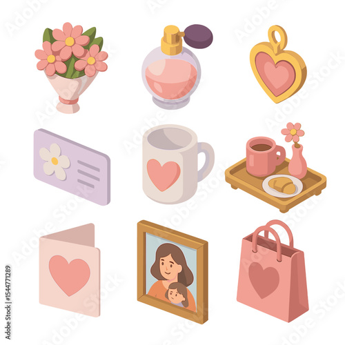 Mother's Day Icon Set. Isometric Flat icon set of Mother’s Day treats: flower bouquet, perfume bottle, jewelry pendant, spa