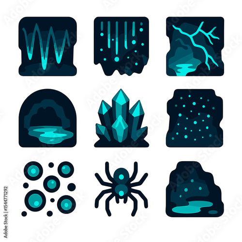 Glowing Cave Icons. Solid, filled icons set of glowing cave systems: illuminated stalactites, glowworms,