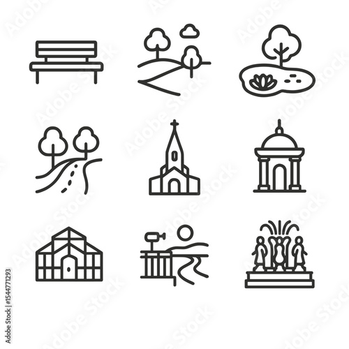 Moscow Park Icons. Outline icon set of Moscow parks and gardens: Gorky Park bench, Zaryadye meadow, Alexander Garden pond,