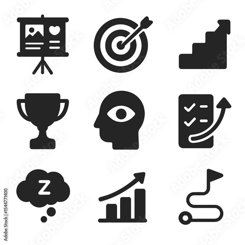 Goal Visualization Icons. Solid, filled icons set of goal visualization: vision board, arrow hitting target,