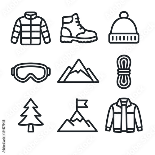 Mountain Gear Icons. Outline icon set of mountain peak style shoots: puffer jacket, hiking boots, beanie cap, goggles, mountain