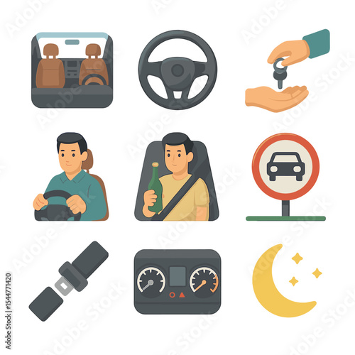 Designated Driver Icons. Isometric Flat icon set of designated driver situation: car interior, steering wheel, sober driver