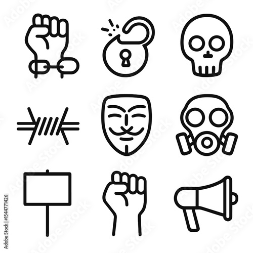 Resistance Icon Set. Outline icon set of resistance and defiance: fist with chain link, broken padlock, skull icon, barbed wire,