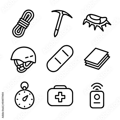 Mountain Rescue Icons. Outline icon set of mountain rescue teams: climbing rope, ice axe, crampons, mountain helmet, rescue sled,