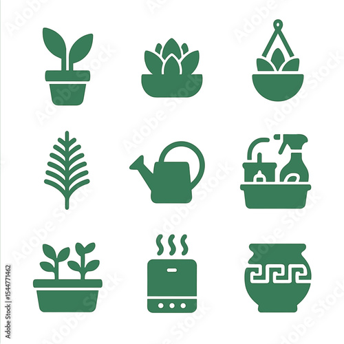 Green Home Icons. Solid, filled icons set of green home décor: potted plant, succulent, hanging planter, fern,