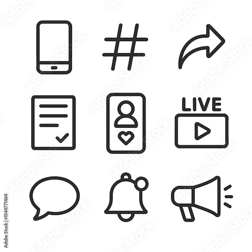 Digital Activism Icons. Outline icon set of digital activism: smartphone screen, hashtag symbol, share arrow, online petition,