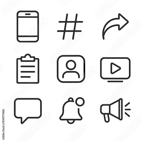 Digital Activism Icons. Outline icon set of digital activism: smartphone screen, hashtag symbol, share arrow, online petition,
