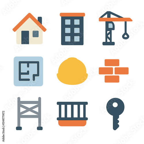 Residential Development Icons. Flat icon set of residential housing development: detached house, apartment block, construction
