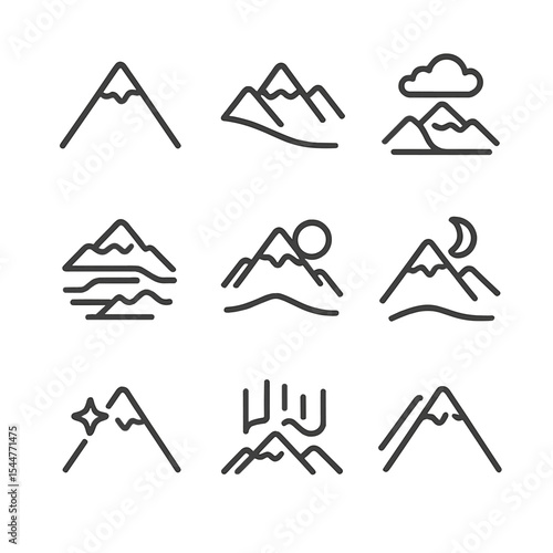 Mountain Winter Icon Set. Outline icon set of mountain winter scenery: snow-capped peak, ridge line, valley, fog, cloud, low sun,