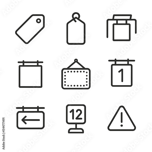 Retail Signage Icons. Outline icon set of retail signage: sale tag, price label, shelf talker, promotional poster, LED sign, aisle