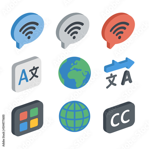 Multilingual Wi-Fi Icons. Isometric Flat icon set of multilingual Wi-Fi instructions: English text bubble, Russian text bubble,