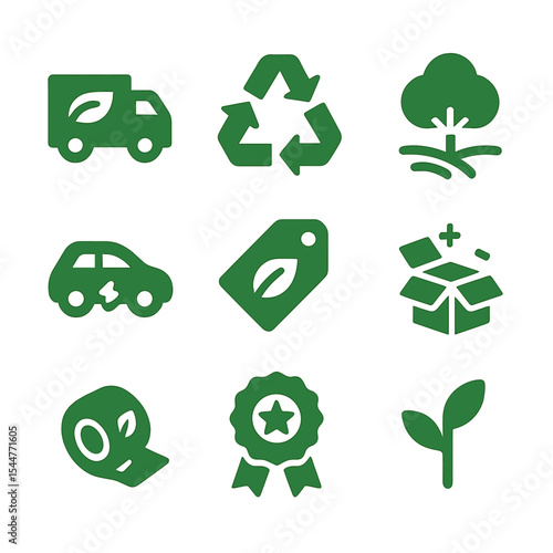 Green Shipping Icons. Solid, filled icons set of green shipping initiatives: eco truck, recyclable packaging,
