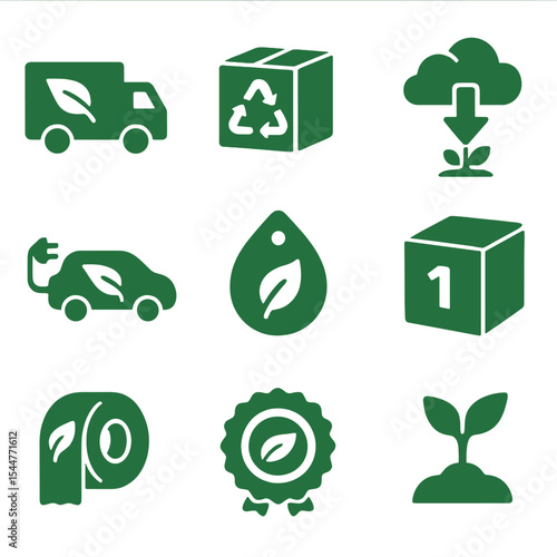 Green Shipping Icons. Solid, filled icons set of green shipping initiatives: eco truck, recyclable packaging,