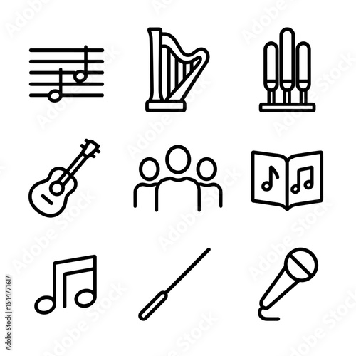 Music Tradition Icons. Outline icon set of shared hymnody traditions: music staff, harp, organ pipe, guitar, choir silhouette,