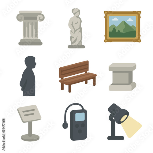 Isometric Museum Icons. Isometric Flat icon set of museum gallery stroll: Doric column, marble statue, framed painting, visitor